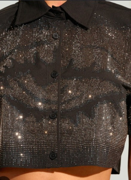 Akira's Eyes on You – Black Rhinestone Eye Print Half Shirt
