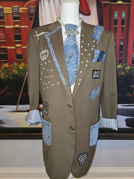 The Faith & Flair Blazer — Vintage IZOD 40L Khaki | Denim, Pearl & Rhinestone Custom