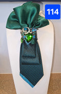 Deep Green Tie with Emerald Satin Fan Scarf, Green & Teal Brooch