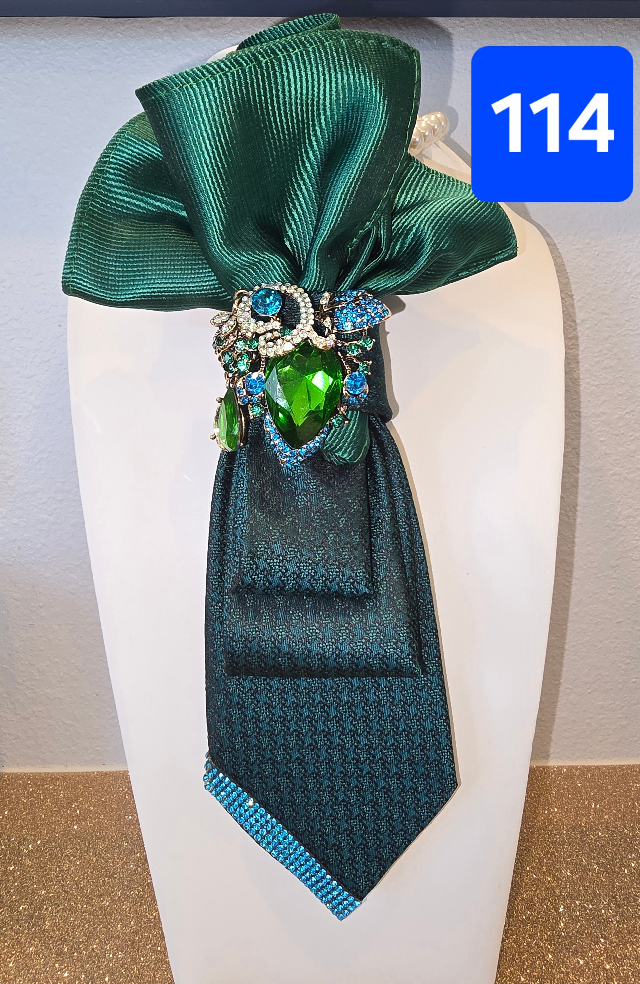 Deep Green Tie with Emerald Satin Fan Scarf, Green & Teal Brooch