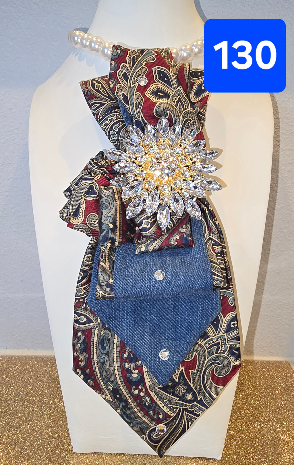 Vintage Denim Starburst Paisley Rhinestone Tie