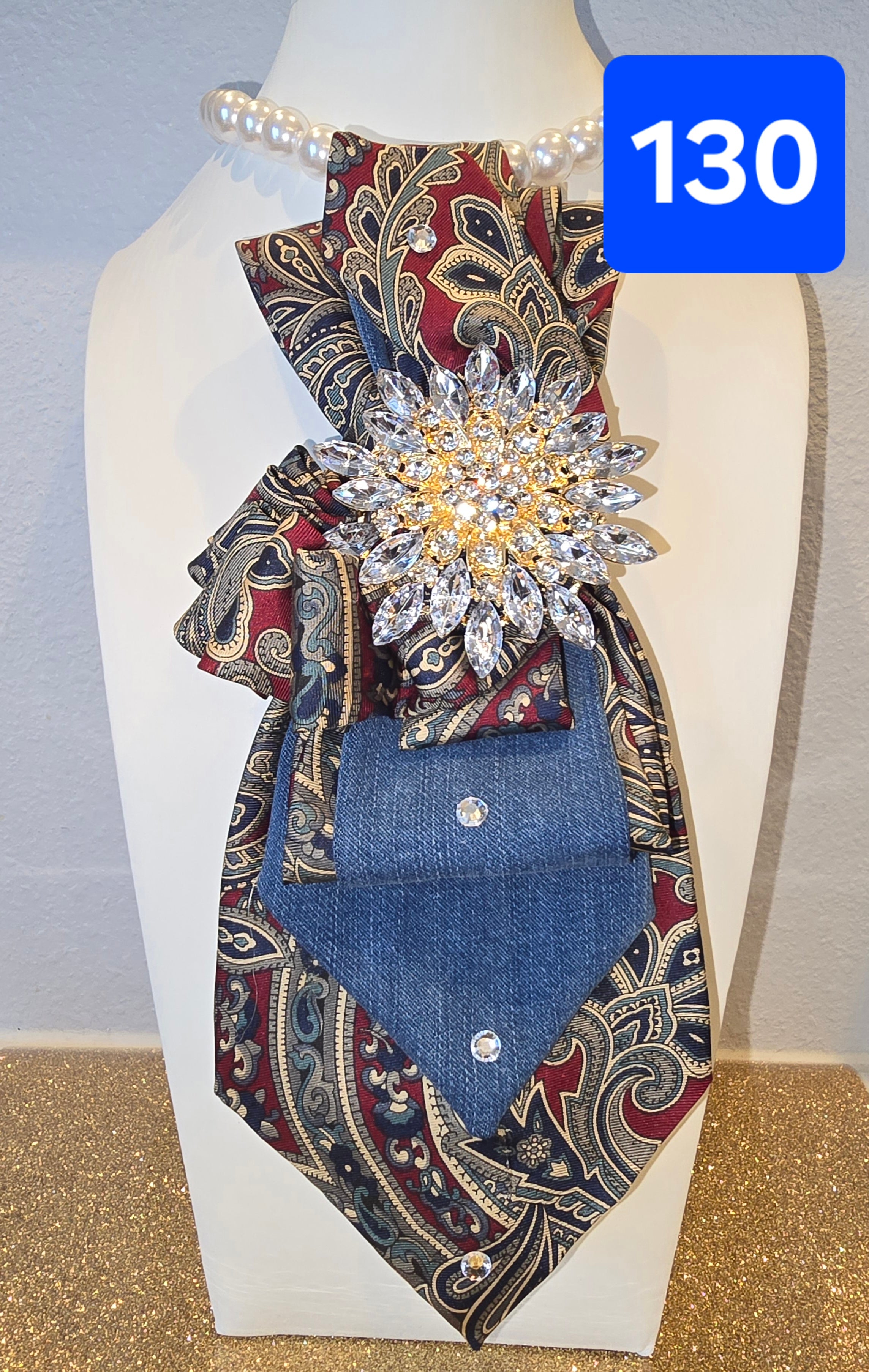 Vintage Denim Starburst Paisley Rhinestone Tie