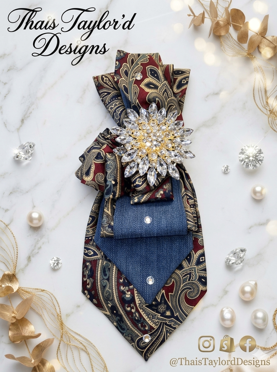 Vintage Denim Starburst Paisley Rhinestone Tie