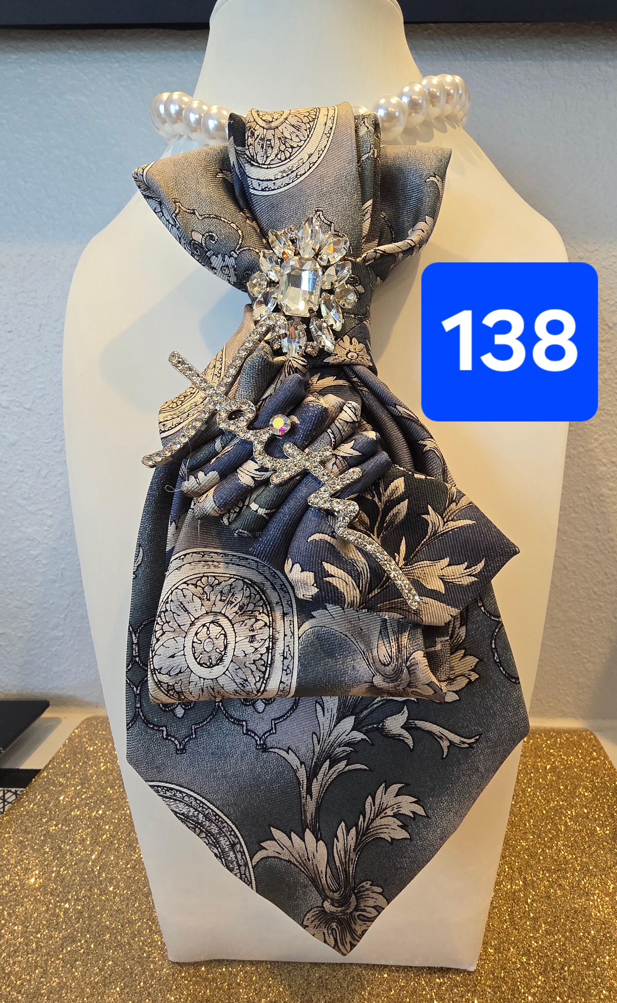 Faith Rhinestone Beige Silver Blue Tie