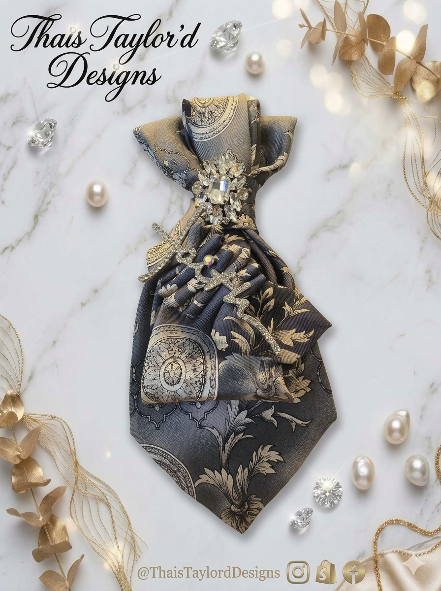 Faith Rhinestone Beige Silver Blue Tie