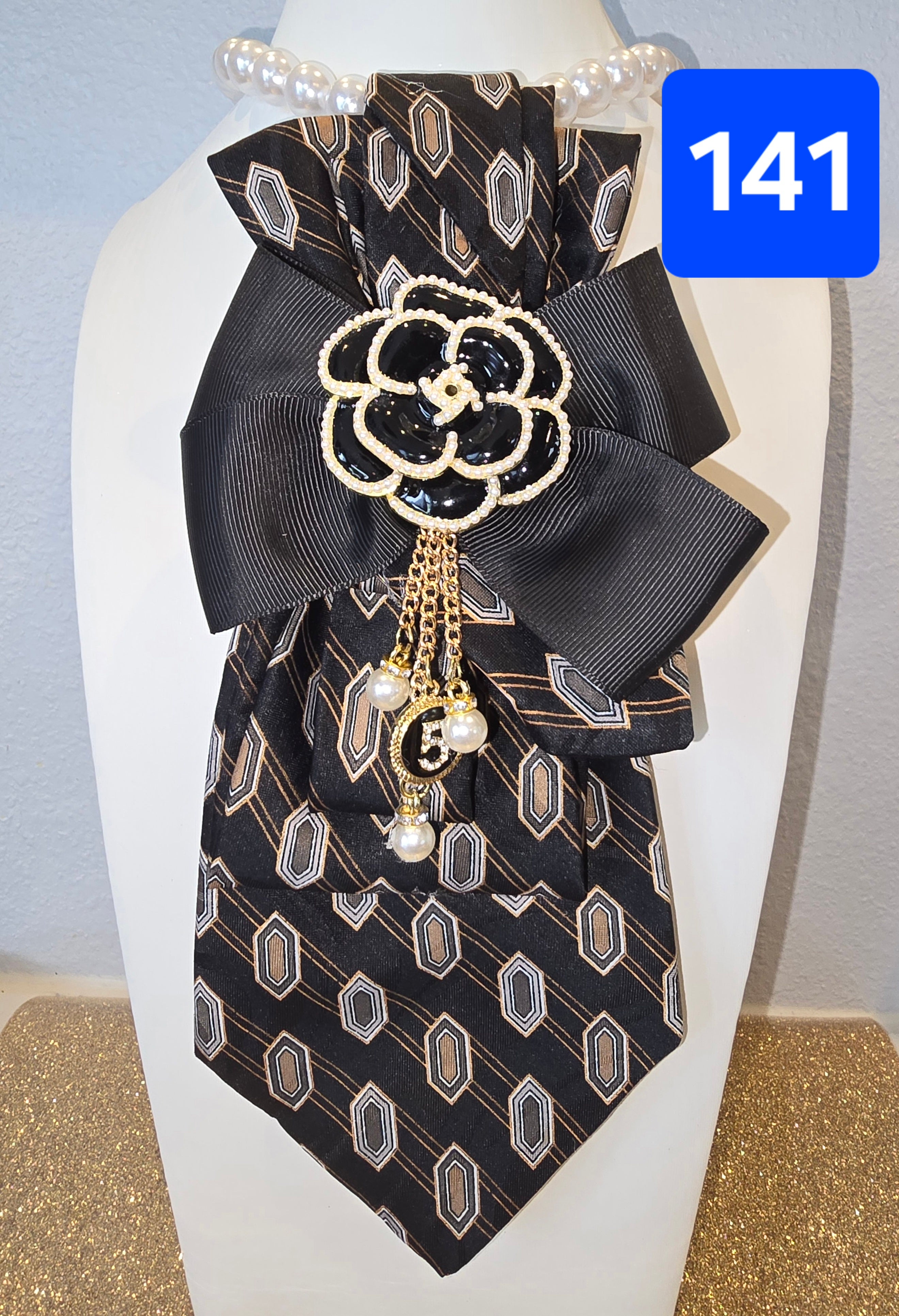 Chanel No. 5 Pearl Bloom Black & Gold Tie