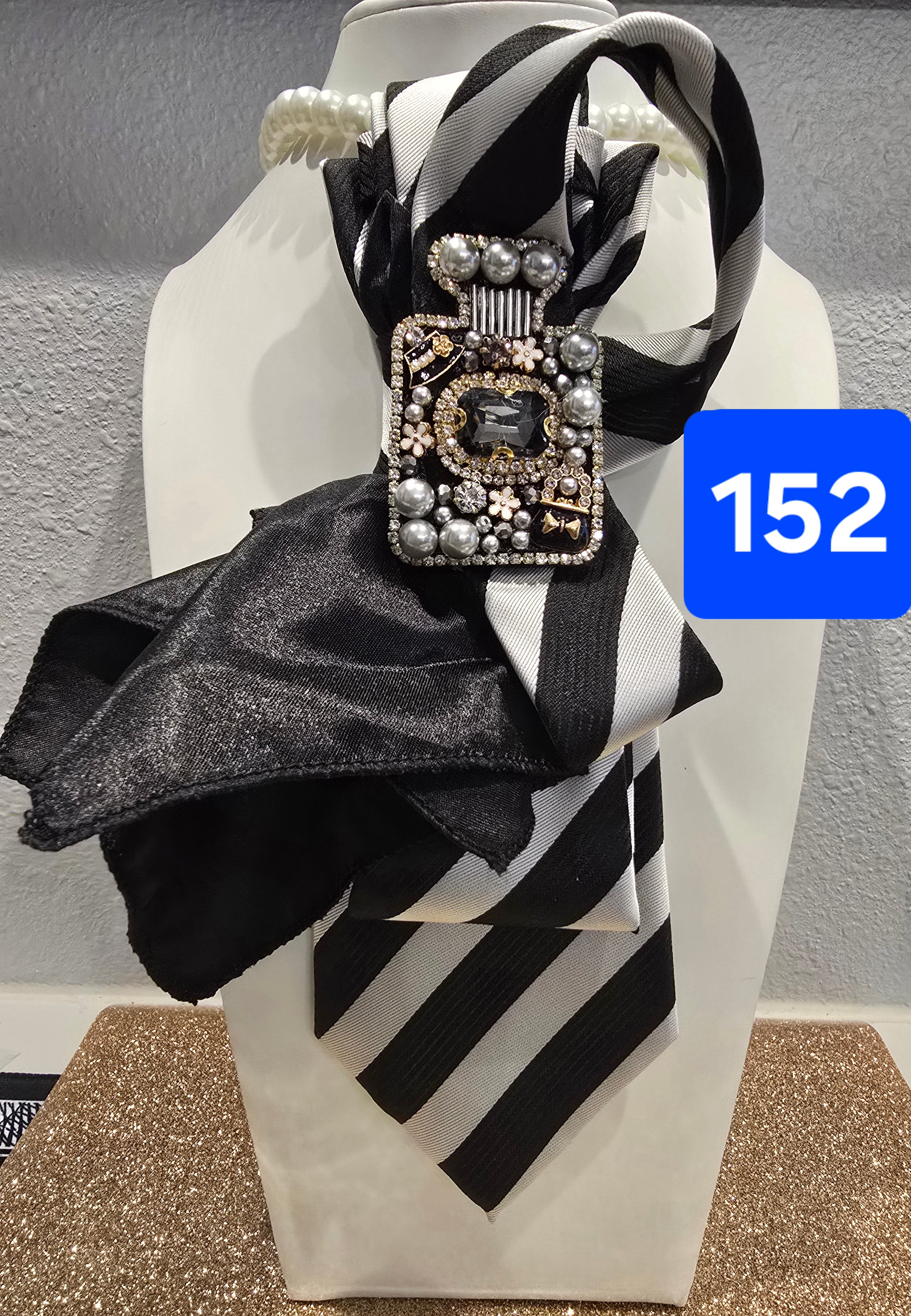 Noir & Silver — Striped Tie with Flare Pocket Square & Perfume Bottle Brooch