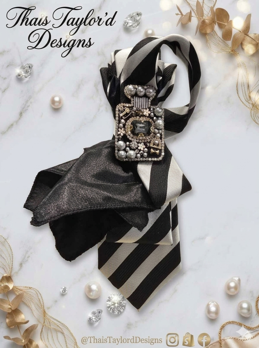 Noir & Silver — Striped Tie with Flare Pocket Square & Perfume Bottle Brooch