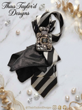 Noir & Silver — Striped Tie with Flare Pocket Square & Perfume Bottle Brooch
