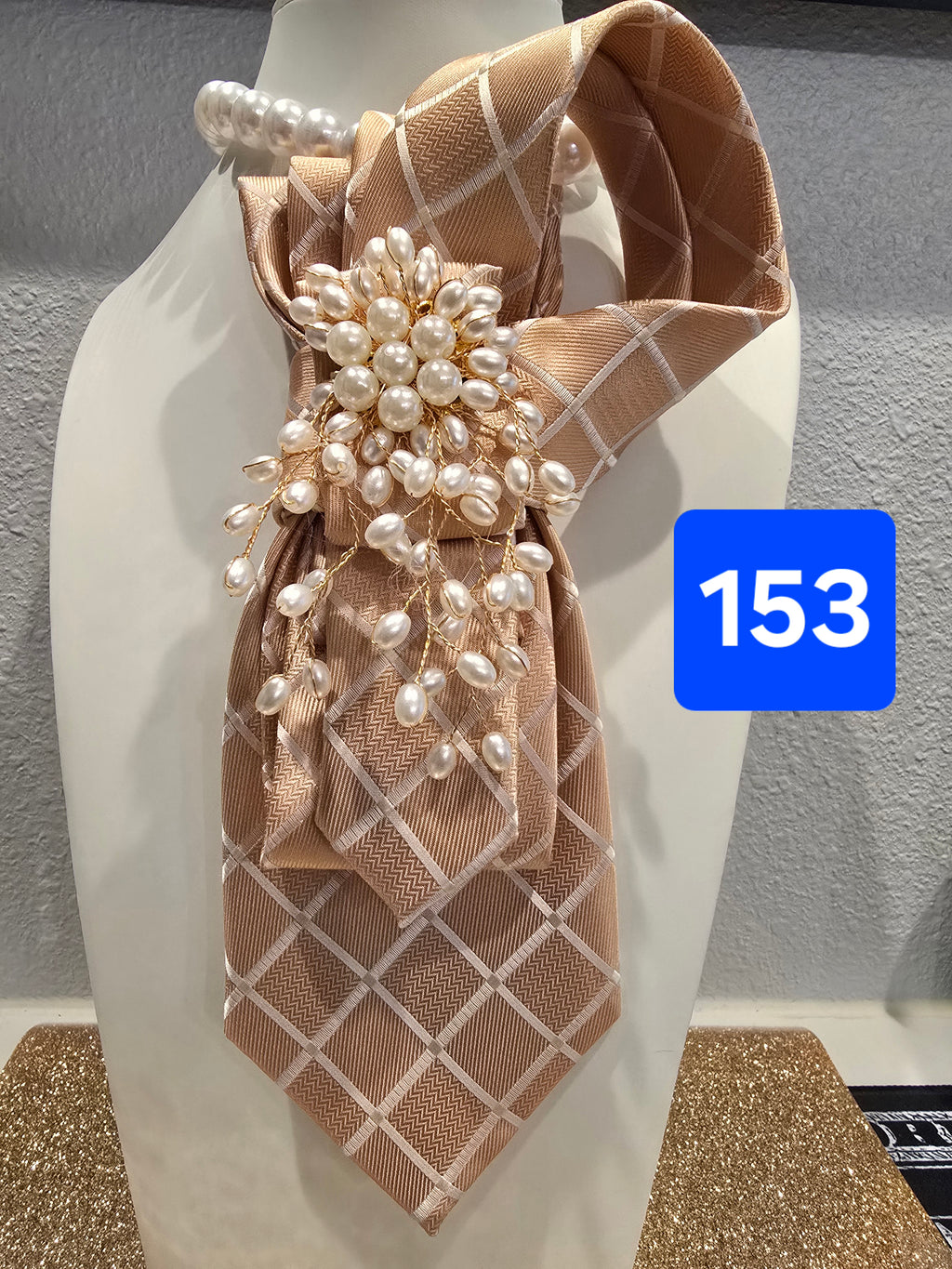 The Pearl Luxe — Beige Triangle Tie with Pearl Burst Brooch