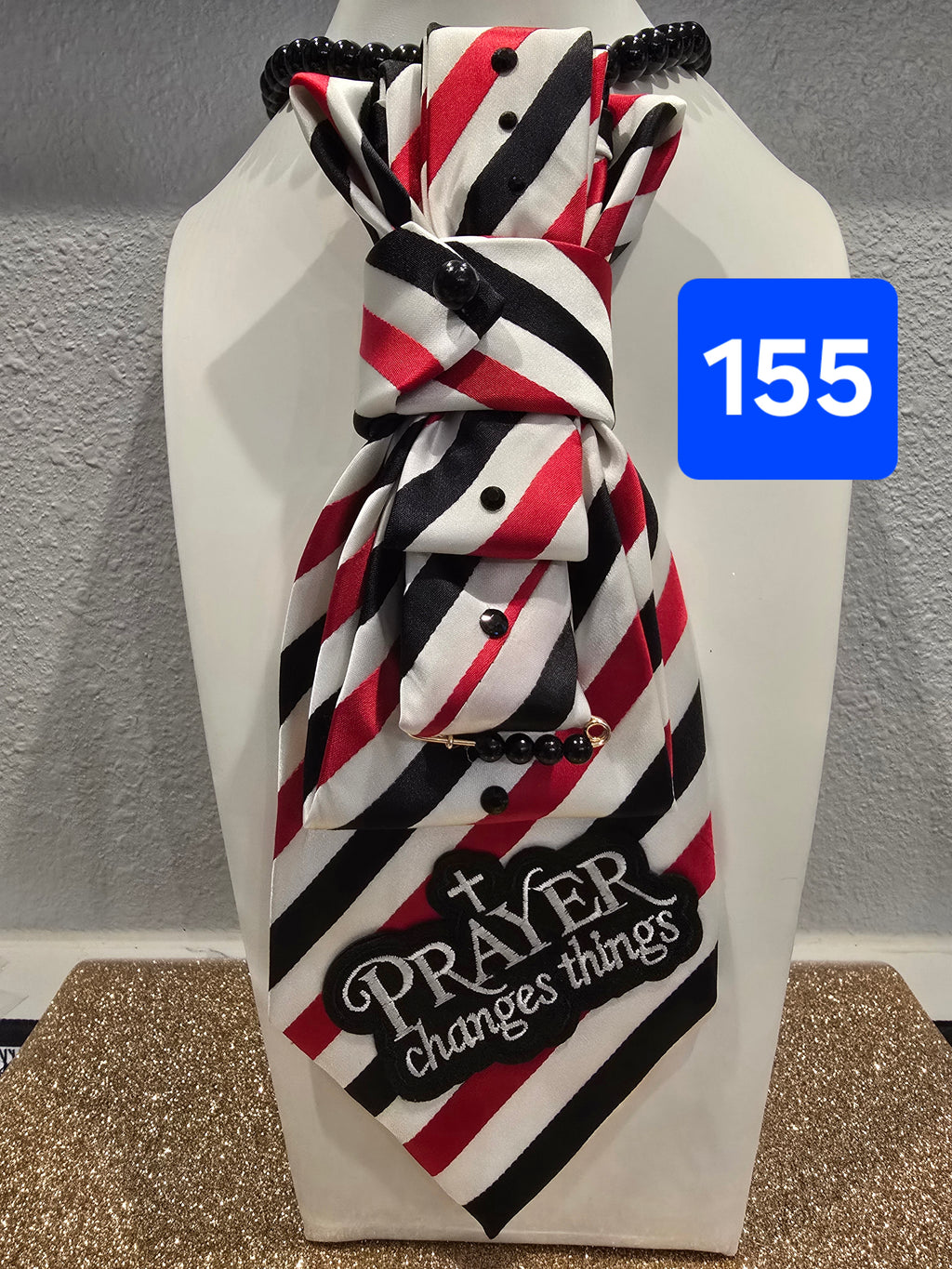 Prayer Changes Things — Black, Red & White Striped Tie with Rhinestones & Faith Patch