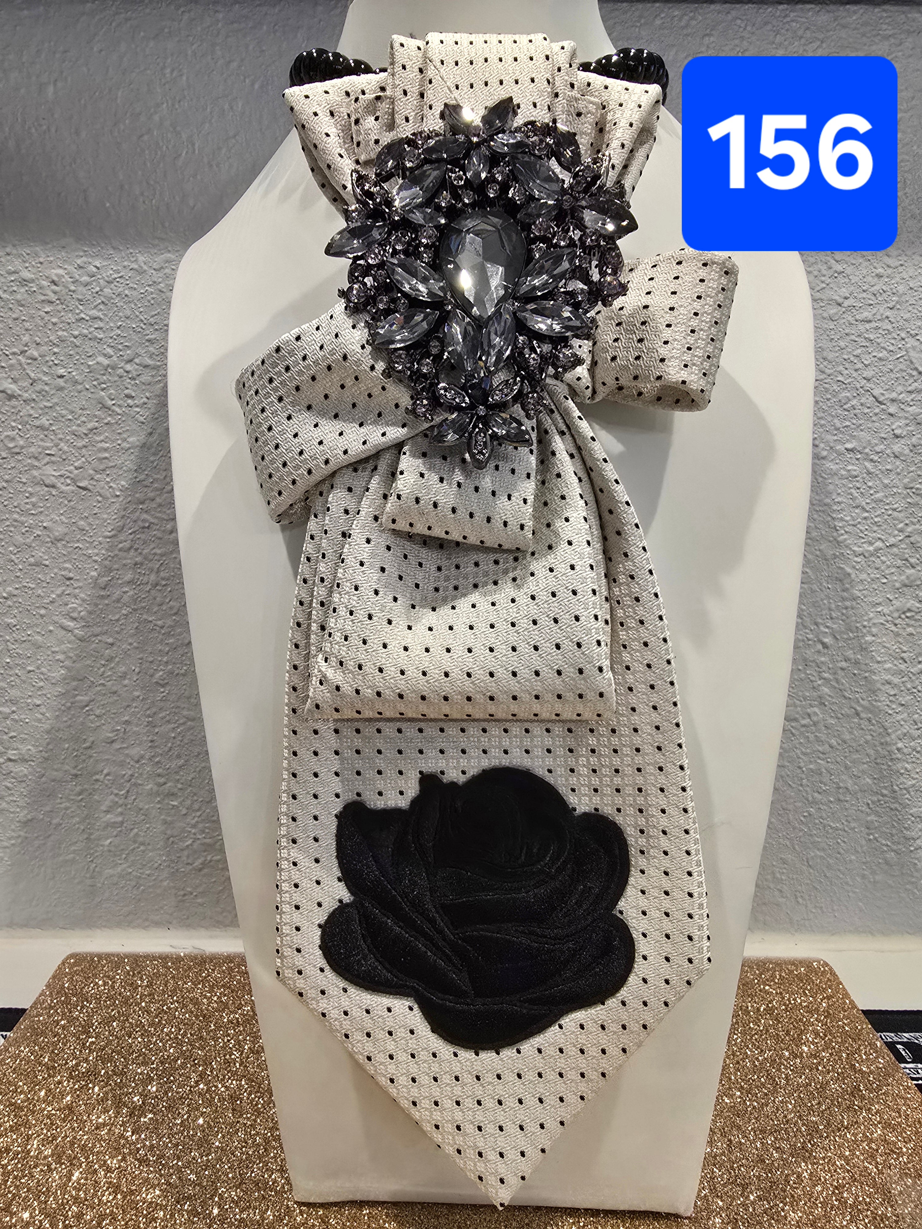 Dots & Roses — Off-White Polka Dot Tie with Rhinestone Brooch & Rose Patch