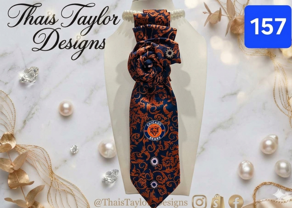Bear Down & Beautiful — Orange & Blue Tie with Rose Knot & Chicago Bears Pin