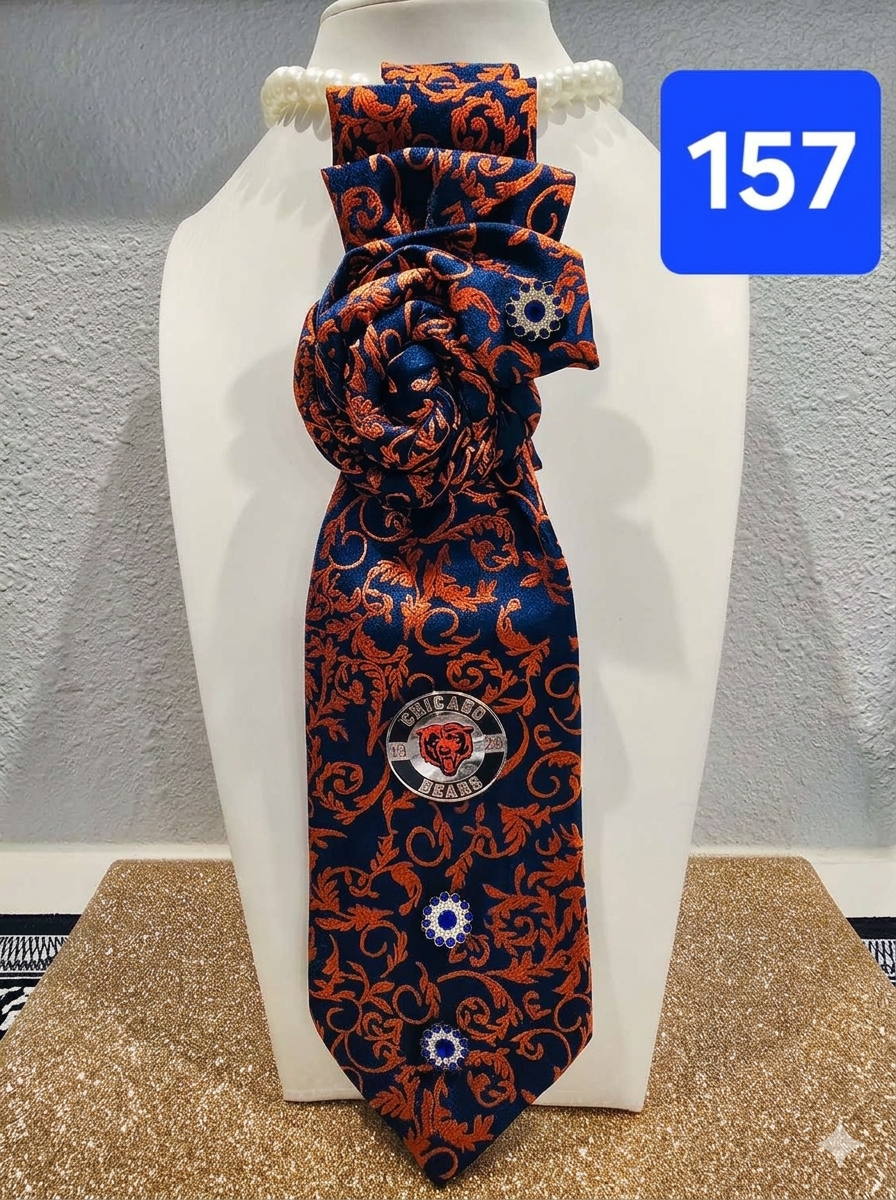 Bear Down & Beautiful — Orange & Blue Tie with Rose Knot & Chicago Bears Pin
