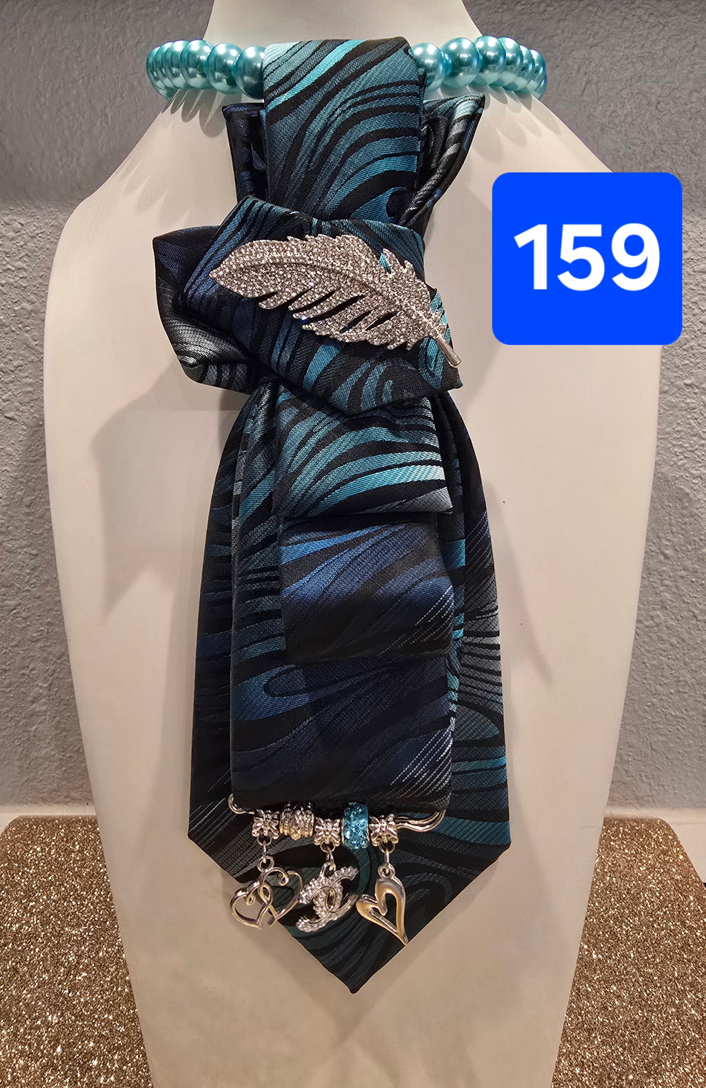 The Coastal Couture — Teal & Blue Wave Tie with Silver Feather Brooch & Chanel Beads
