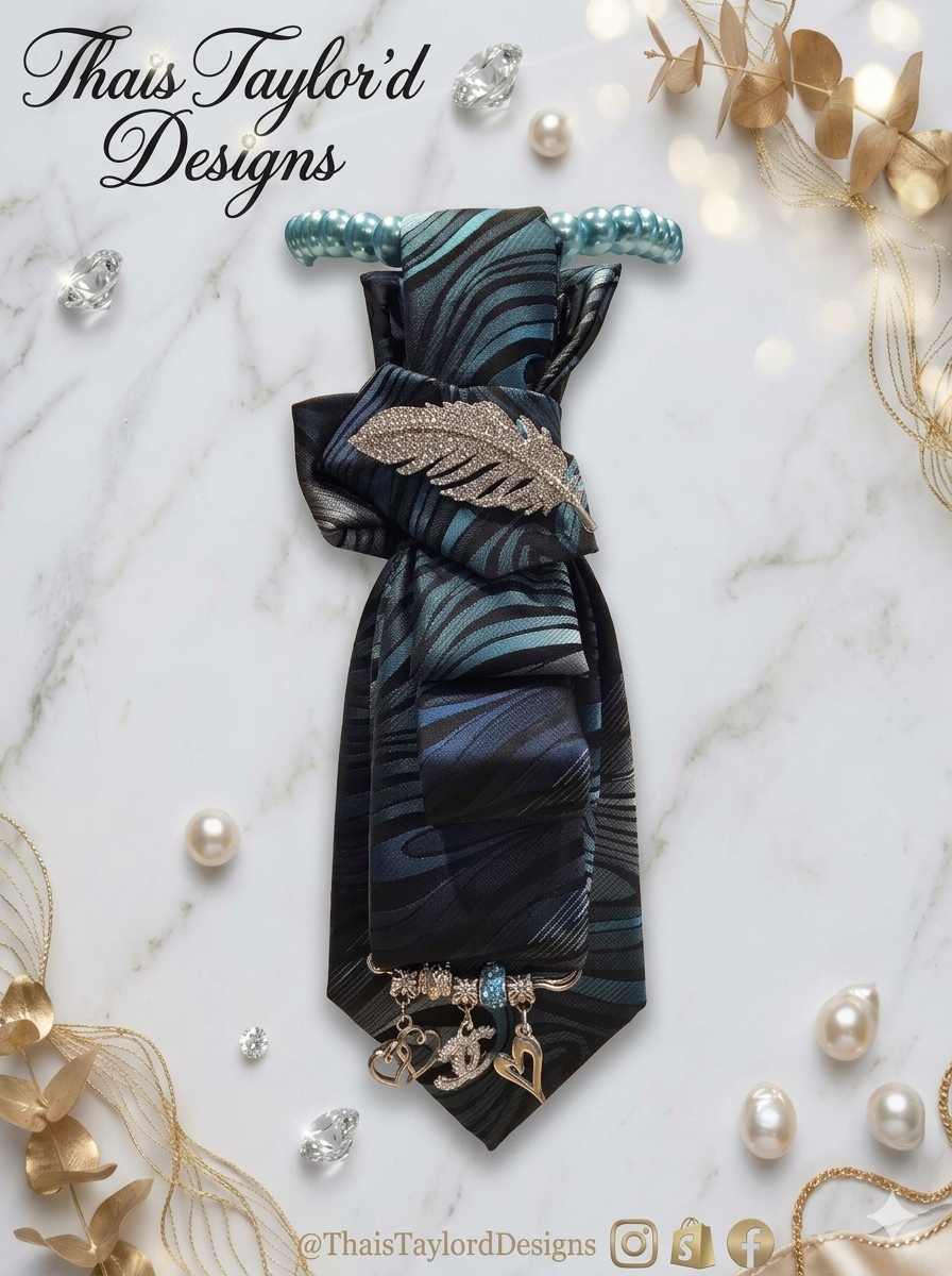 The Coastal Couture — Teal & Blue Wave Tie with Silver Feather Brooch & Chanel Beads