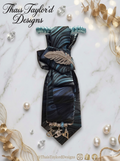 The Coastal Couture — Teal & Blue Wave Tie with Silver Feather Brooch & Chanel Beads