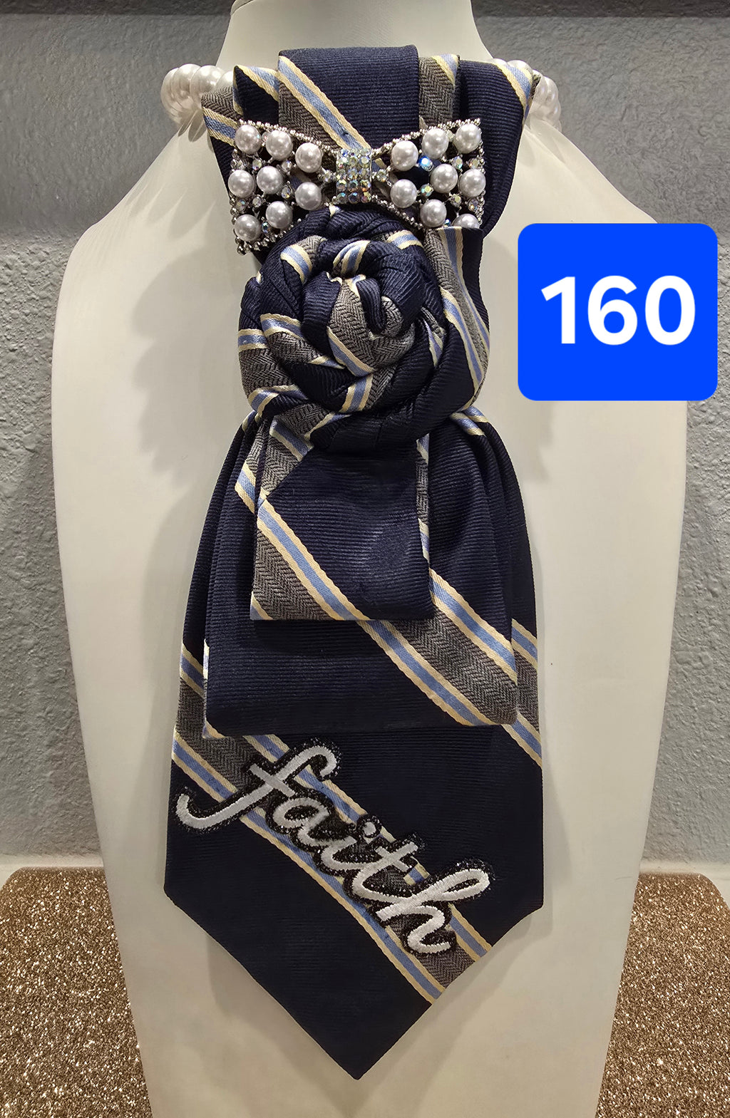 Anchored in Faith — Navy, Silver & White Striped Tie with Pearl Bow Brooch & Faith Patch