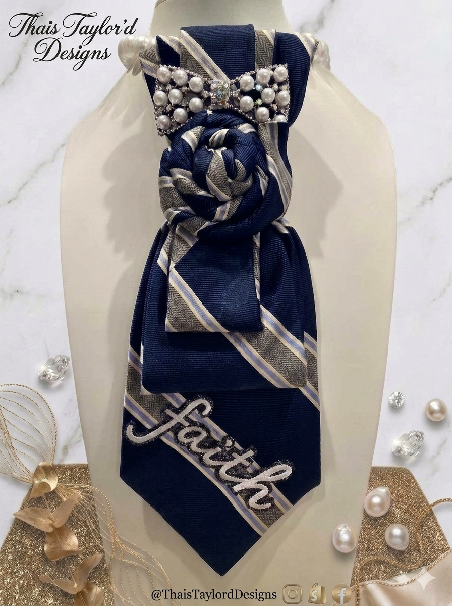Anchored in Faith — Navy, Silver & White Striped Tie with Pearl Bow Brooch & Faith Patch