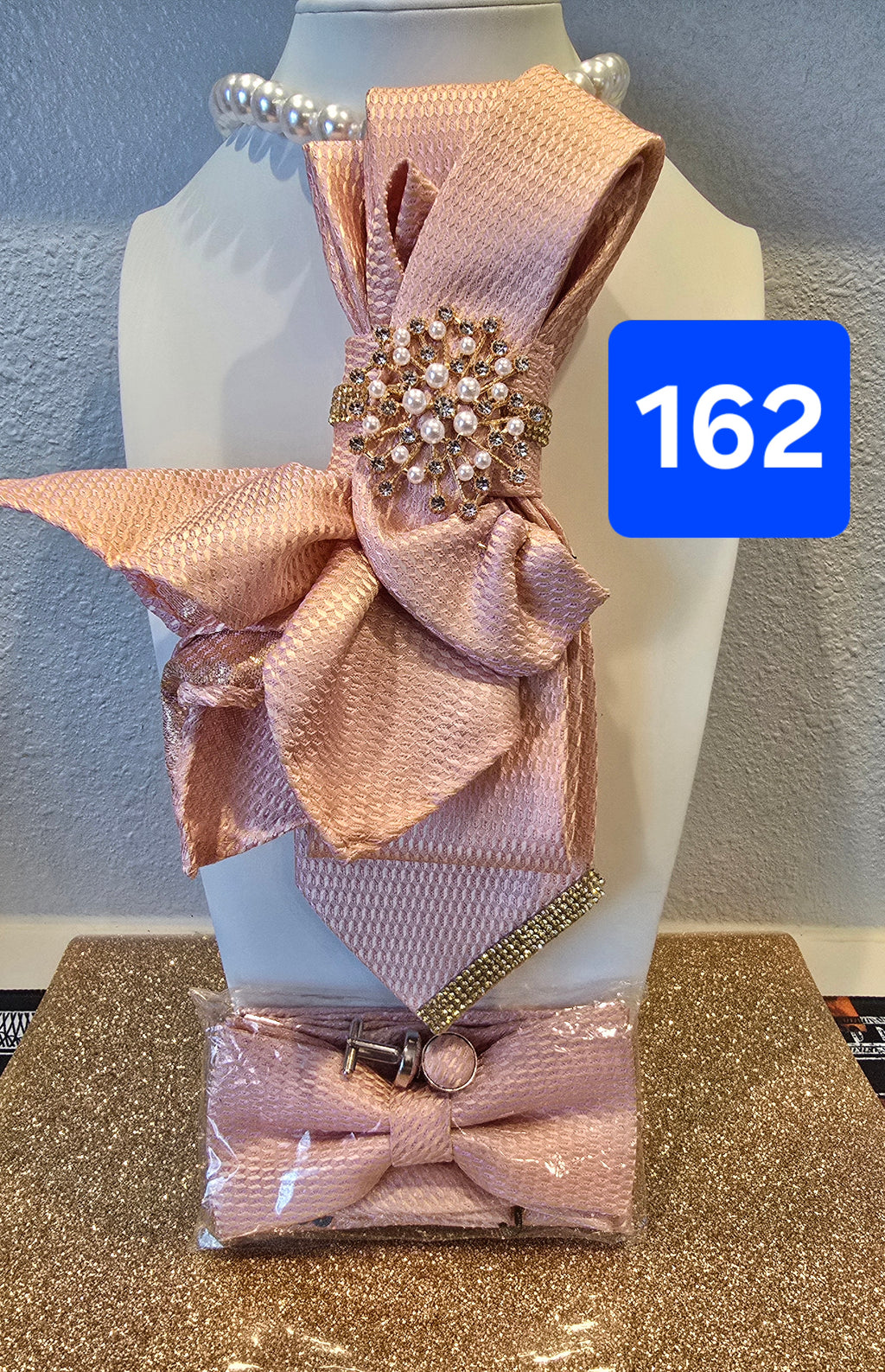 The Rose Gold Luxe Set — Tie, Bowtie, Pocket Square & Cufflinks with Pearl Brooch
