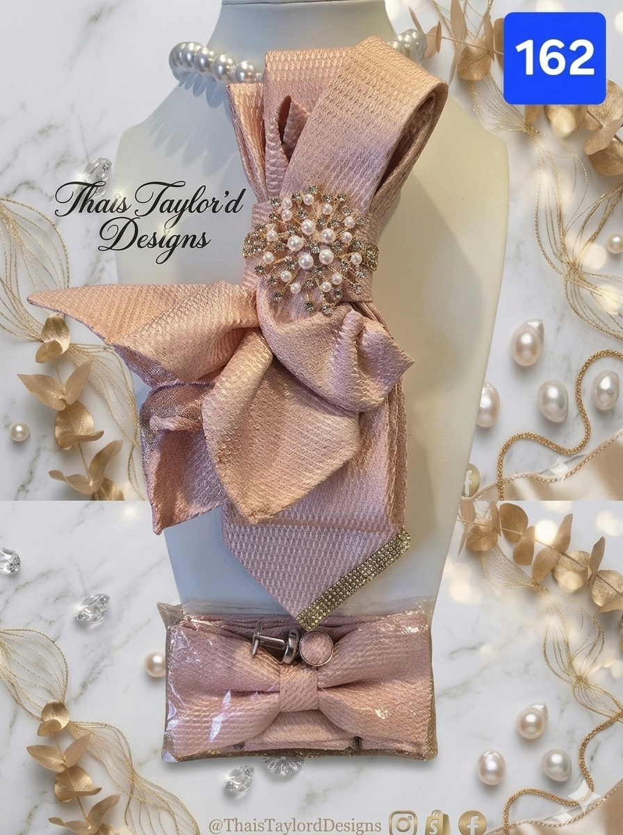 The Rose Gold Luxe Set — Tie, Bowtie, Pocket Square & Cufflinks with Pearl Brooch