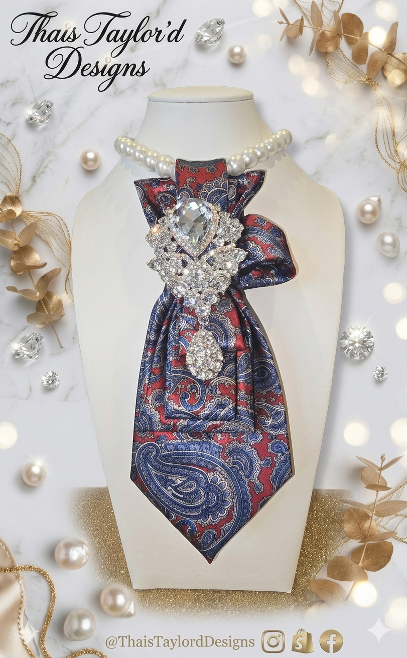 The Crystal Paisley — Blue, Red & Silver Tie with Large Crystal Brooch