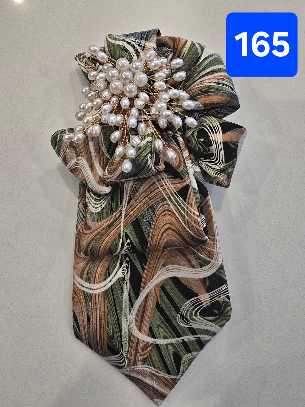 The Garden Swirl — Mint, Cream, Black & Tan Tie with Pearl Starburst Brooch