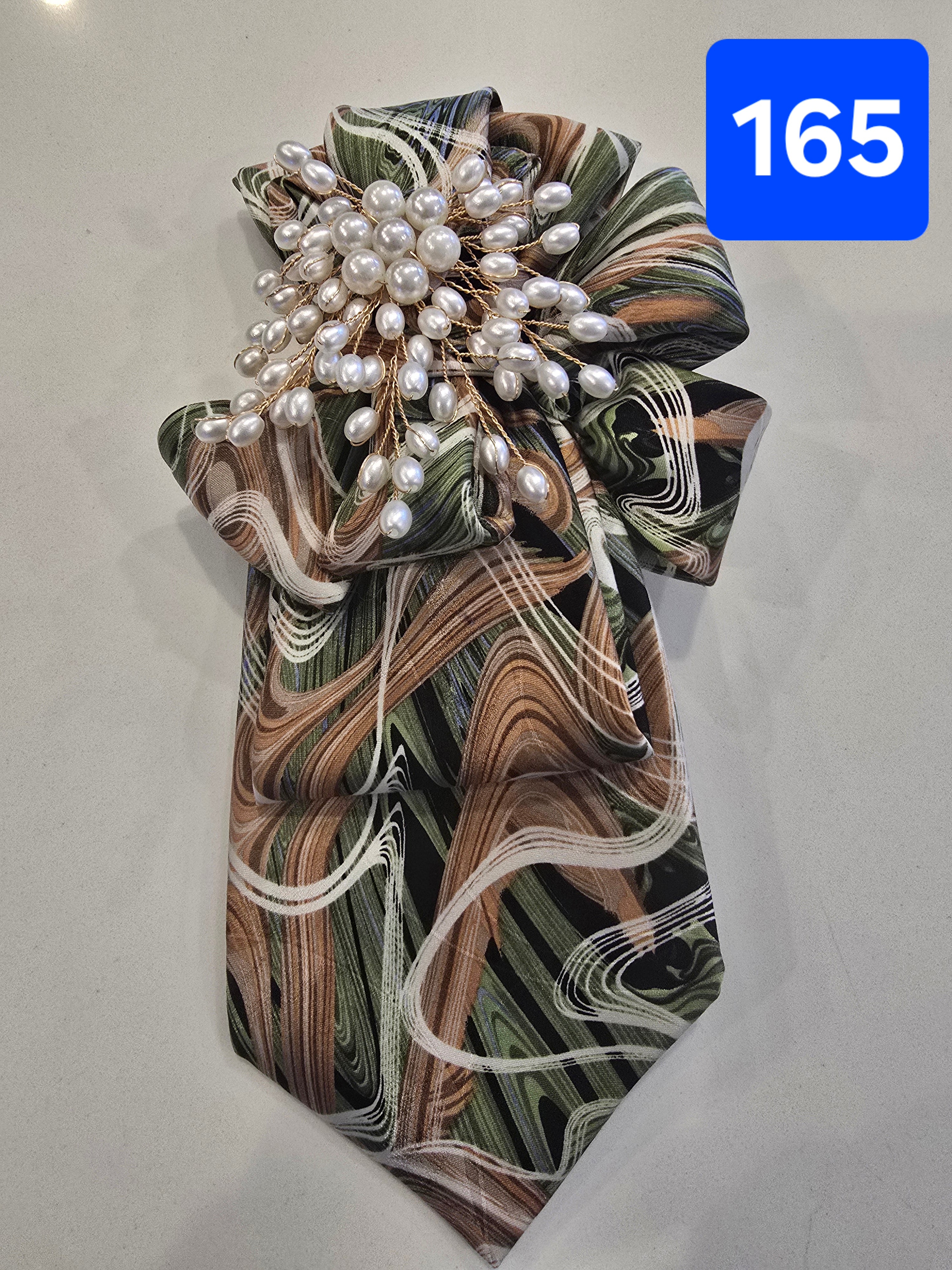 The Garden Swirl — Mint, Cream, Black & Tan Tie with Pearl Starburst Brooch