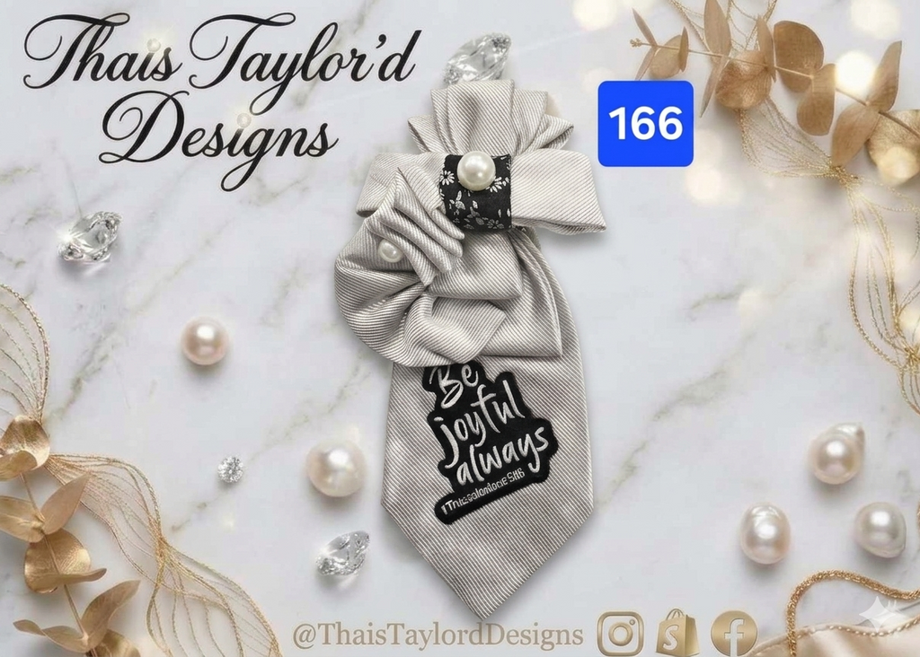 Be Joyful Always — Silver Gray Tie with Pearl-Topped Bow Knot & Joy Patch