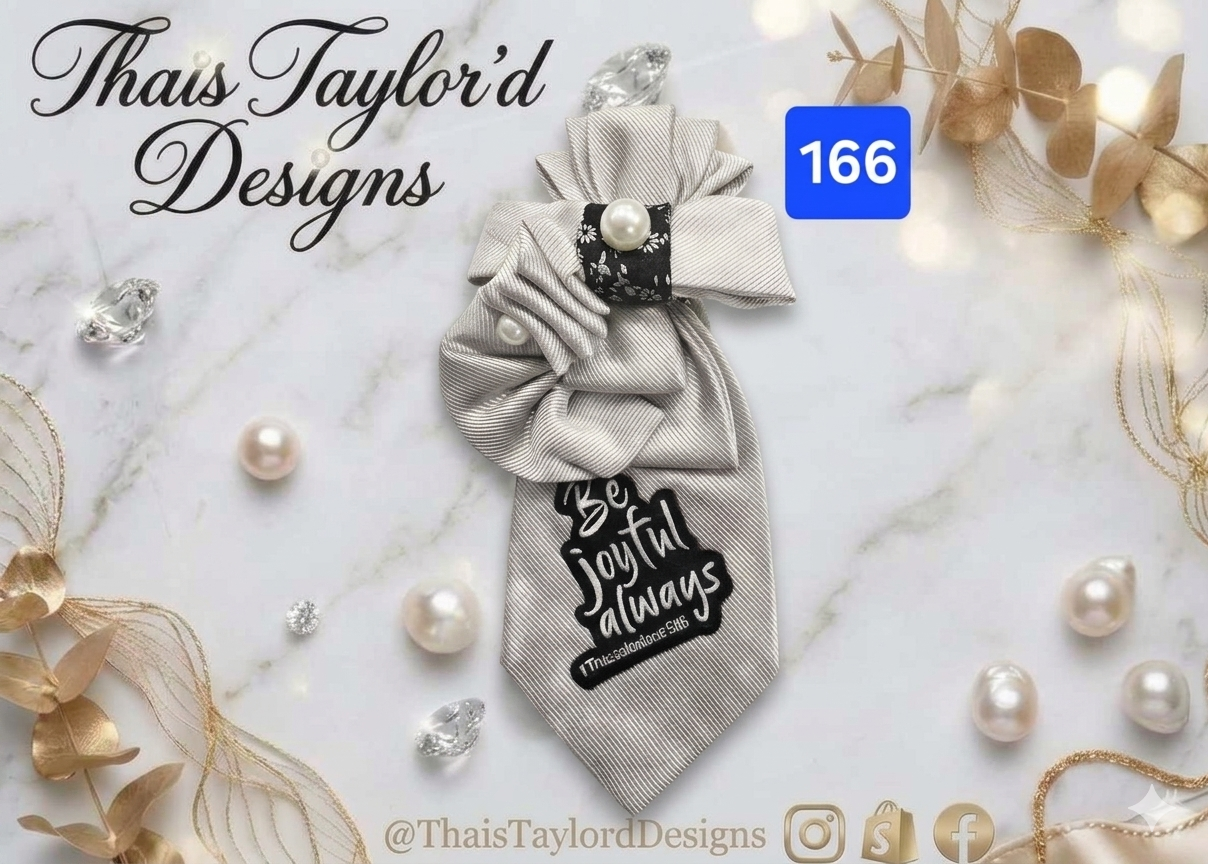 Be Joyful Always — Silver Gray Tie with Pearl-Topped Bow Knot & Joy Patch