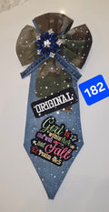 Blessed & Bold Set – Denim & Camo Tie with Patch, Psalms 46:5 Statement Bow Tie Top & Blue Crystal Brooch