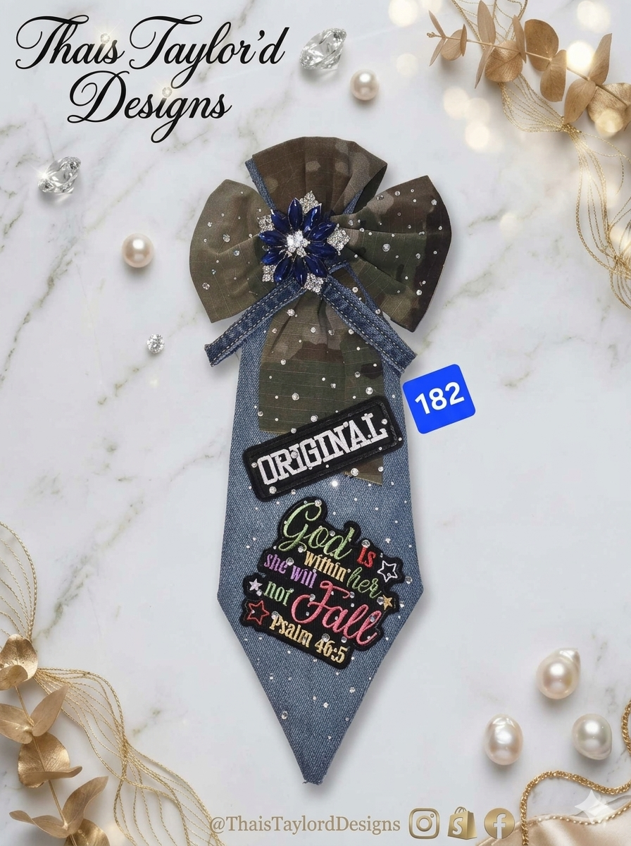 Blessed & Bold Set – Denim & Camo Tie with Patch, Psalms 46:5 Statement Bow Tie Top & Blue Crystal Brooch
