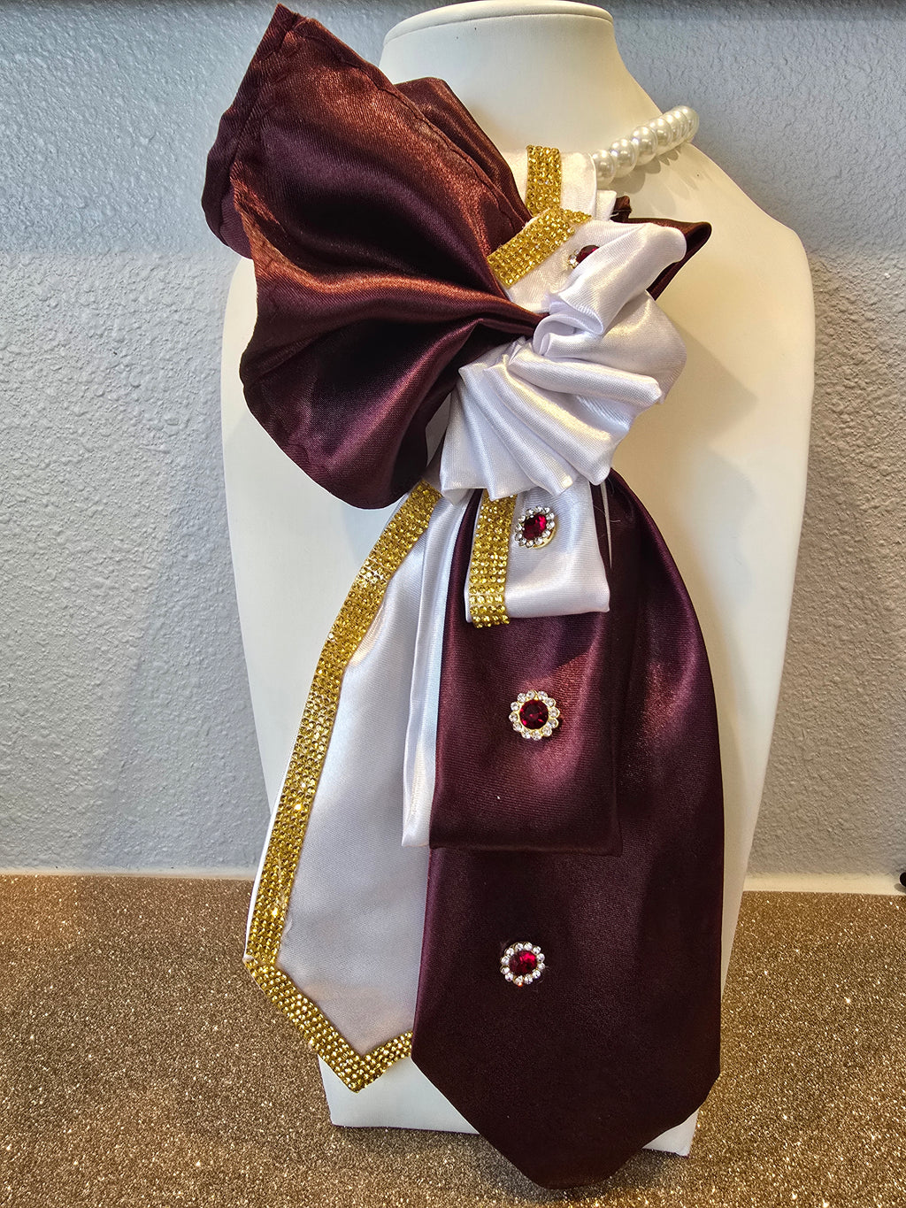 The Burgundy Affair — Double Satin Tie with Gold Trim, Burgundy Bling & Ribbon Flared Knot