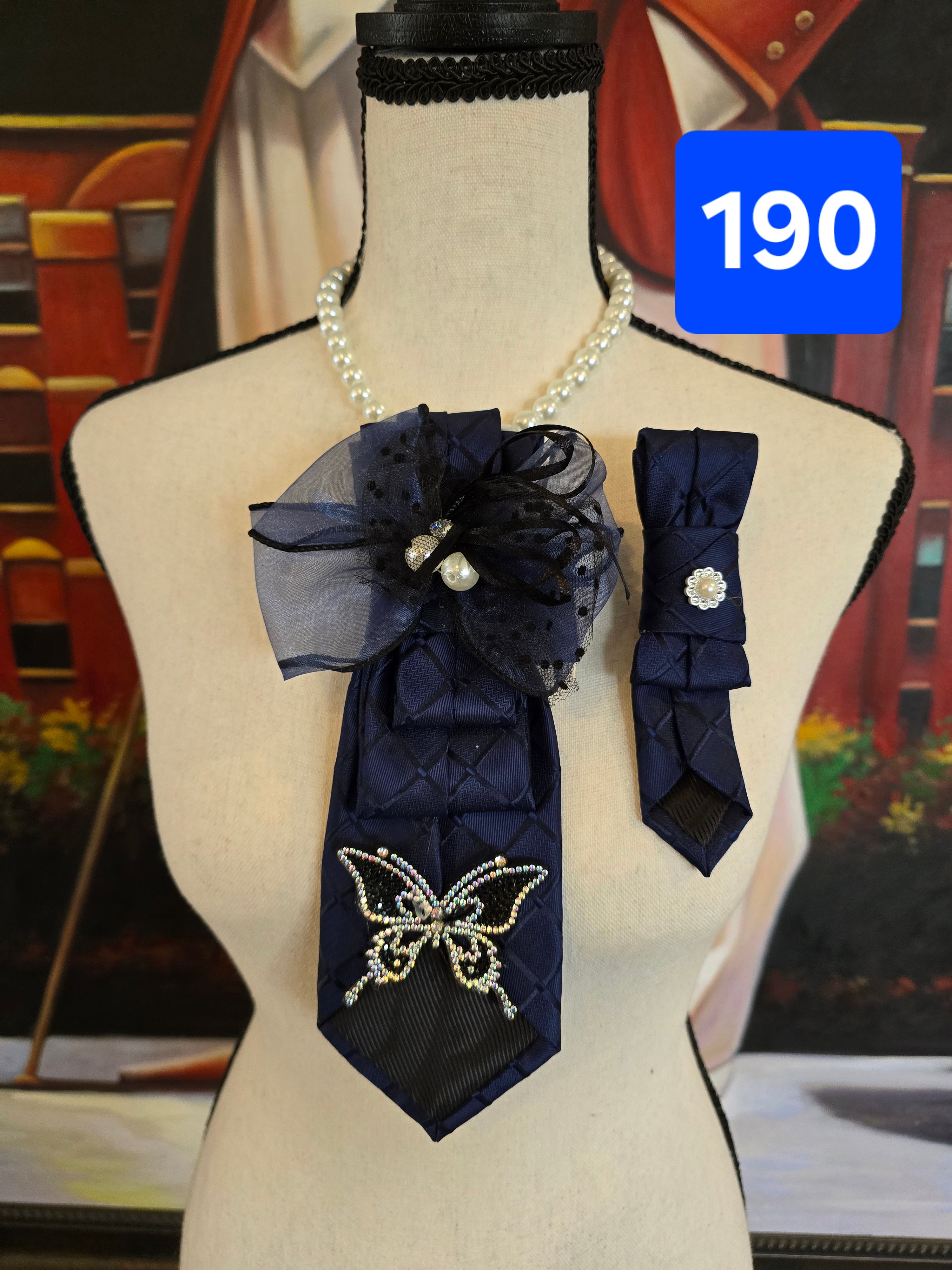 The Black Butterfly Necktie | Navy, Chiffon Bow & Crystal Butterfly Pin