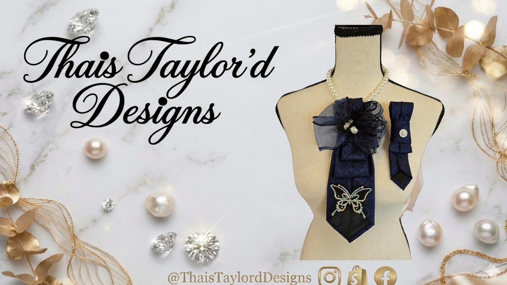 The Black Butterfly Necktie | Navy, Chiffon Bow & Crystal Butterfly Pin