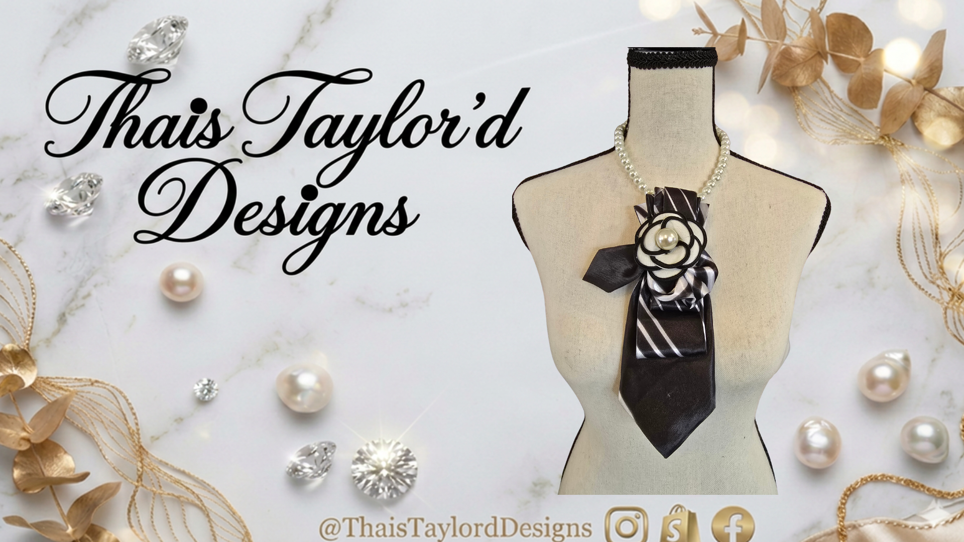 Midnight Bloom | Black Satin Striped Necktie with Cream Flower & Pearl Brooch