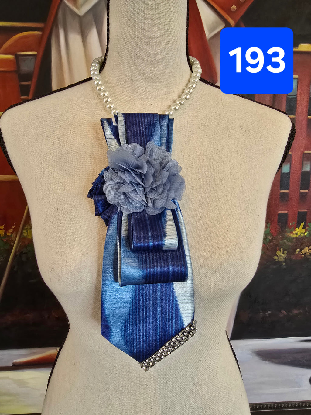 Indigo Brushstroke | Blue Satin Painted Print Necktie with Antique Chiffon Brooch