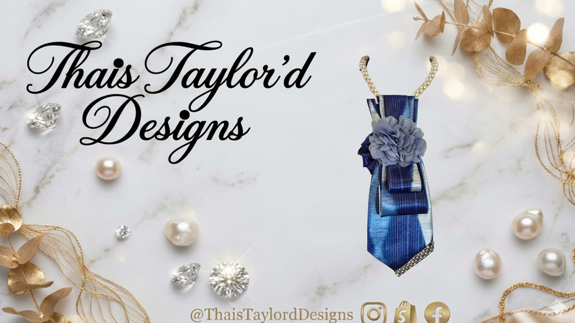 Indigo Brushstroke | Blue Satin Painted Print Necktie with Antique Chiffon Brooch