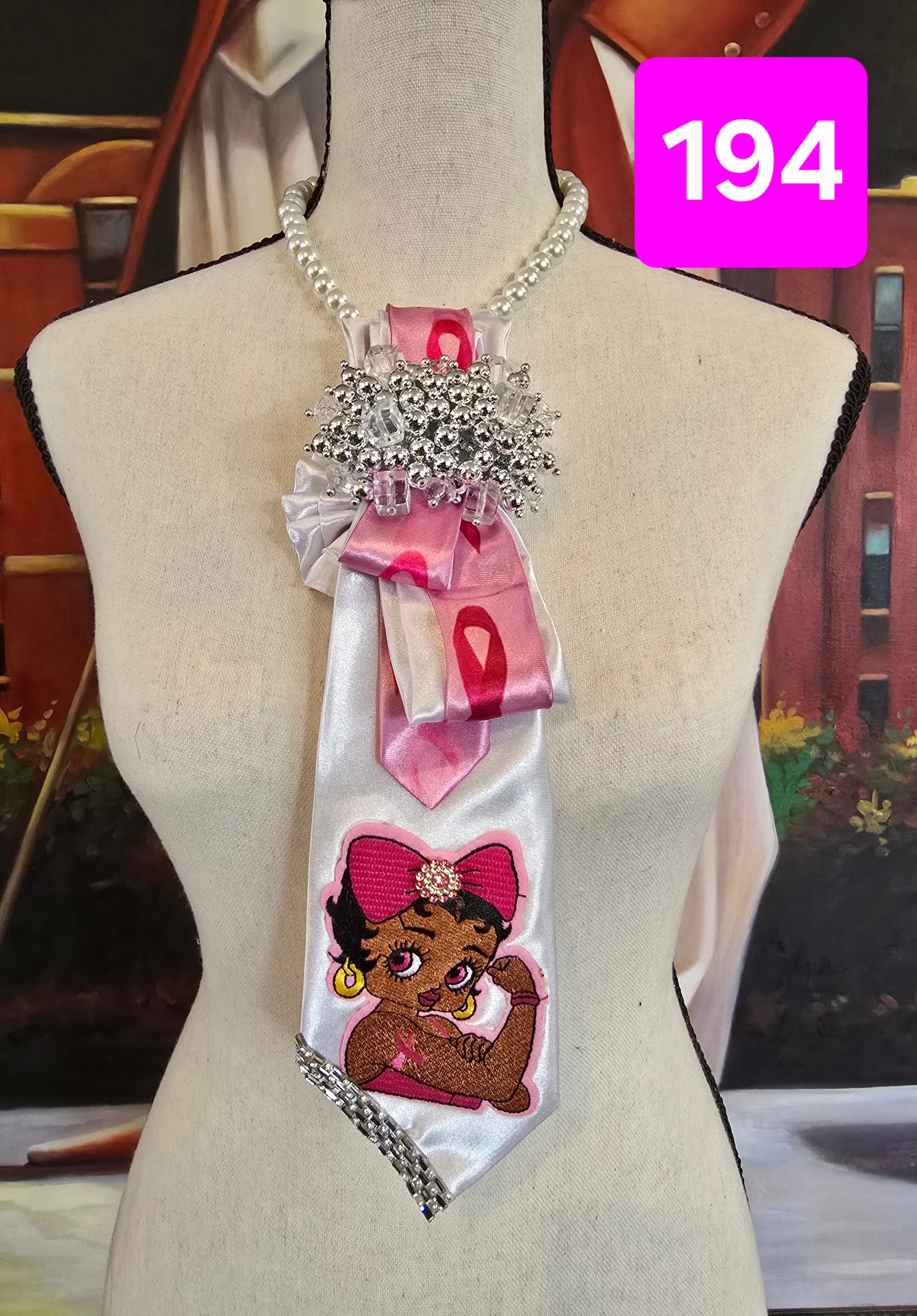 Pretty, Pink & Powerful | White Satin Breast Cancer Awareness Necktie with Betty Boop Patch & Silver Brooch