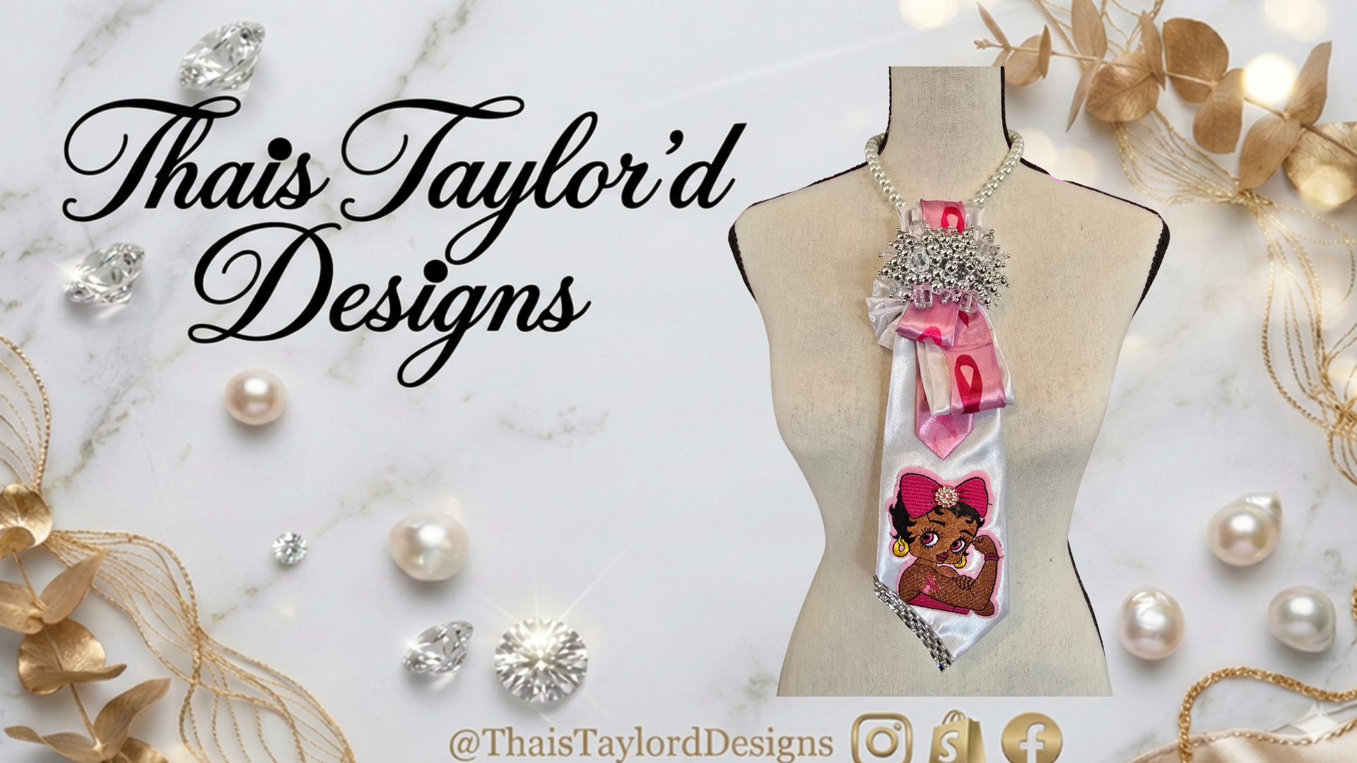 Pretty, Pink & Powerful | White Satin Breast Cancer Awareness Necktie with Betty Boop Patch & Silver Brooch