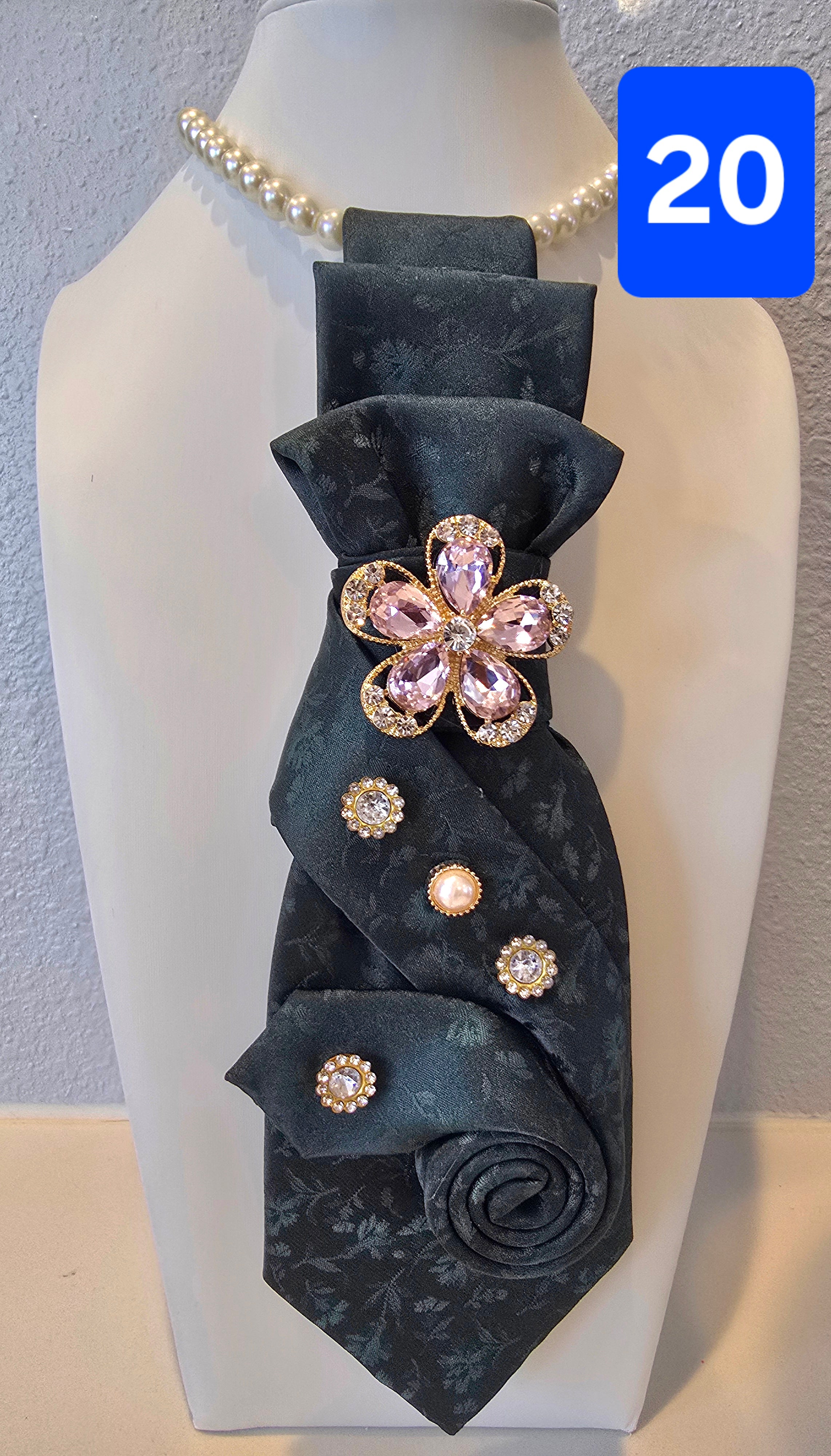 Custom Ruffled Forest Green Statement Tie with Jewels