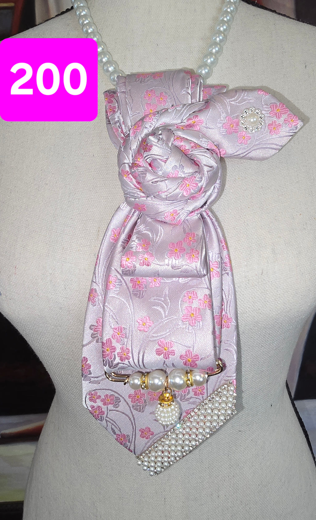 Petal & Pearl | Pink Floral Print Necktie with Rose Knot & Pearl Accents