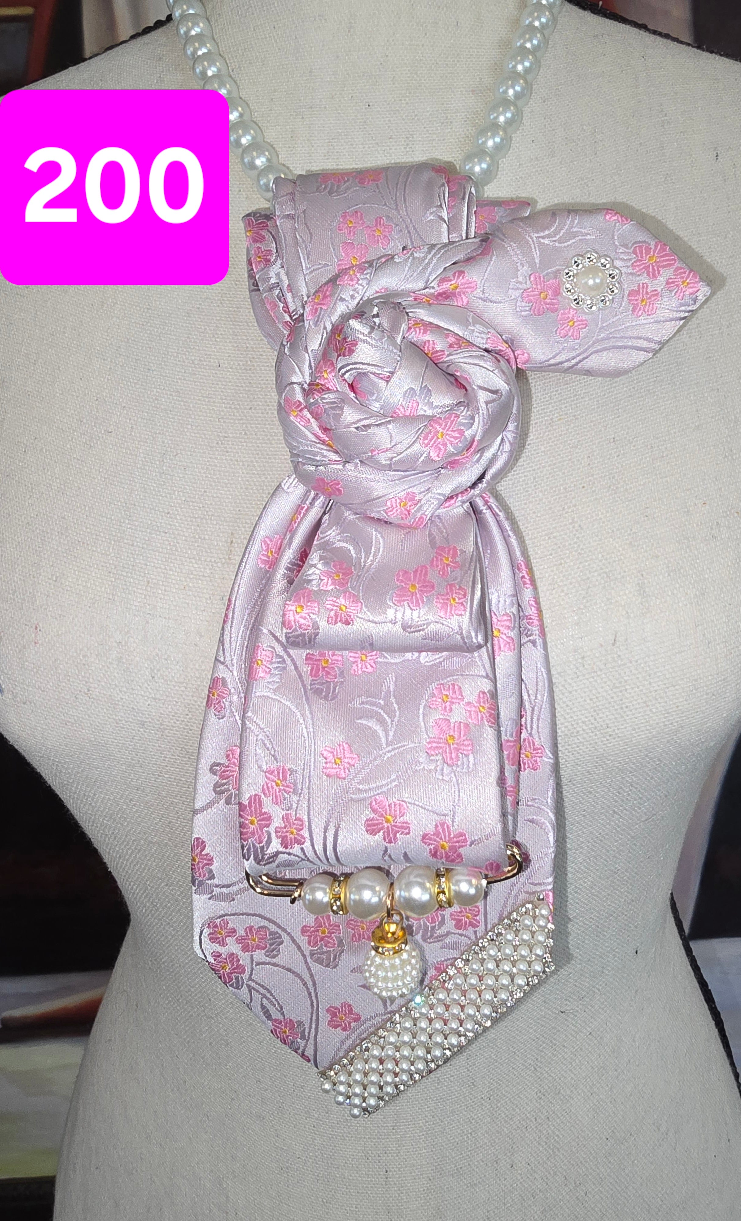 Petal & Pearl | Pink Floral Print Necktie with Rose Knot & Pearl Accents