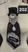 Black Satin Necktie with Chanel-Inspired Silver Patch & Crystal Brooch