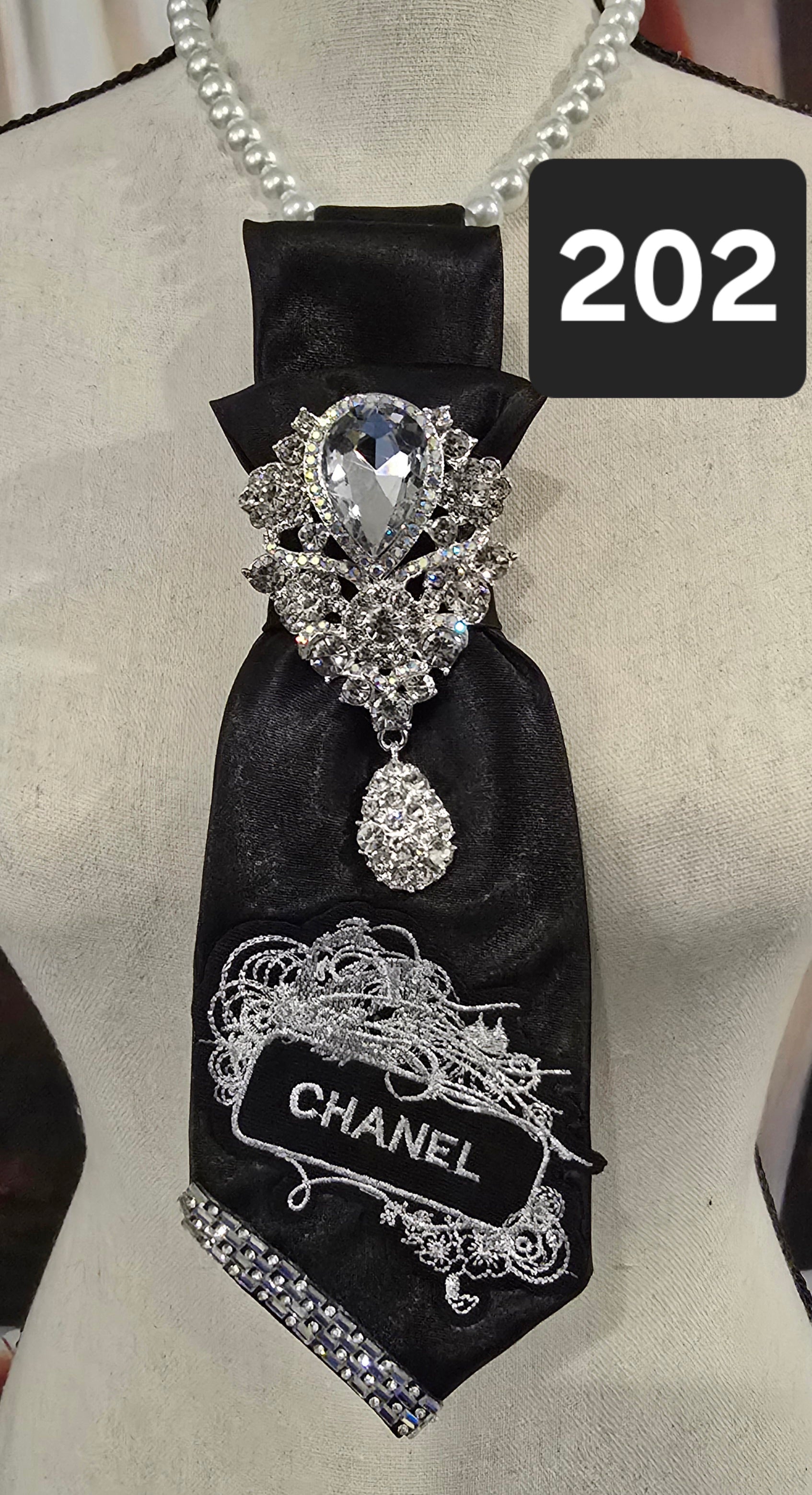 Black Satin Necktie with Chanel-Inspired Silver Patch & Crystal Brooch