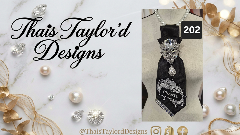 Black Satin Necktie with Chanel-Inspired Silver Patch & Crystal Brooch