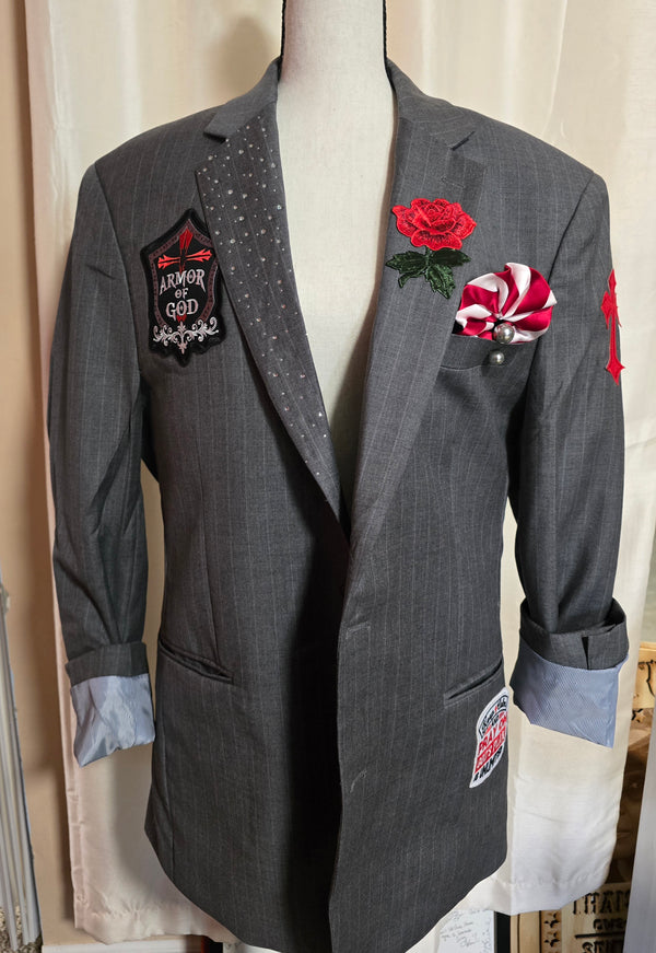 Dapper & Dazzled – Vintage Pinstriped Blazer with Red Faith Patches & Bedazzled Lapel, Size 38 Slim