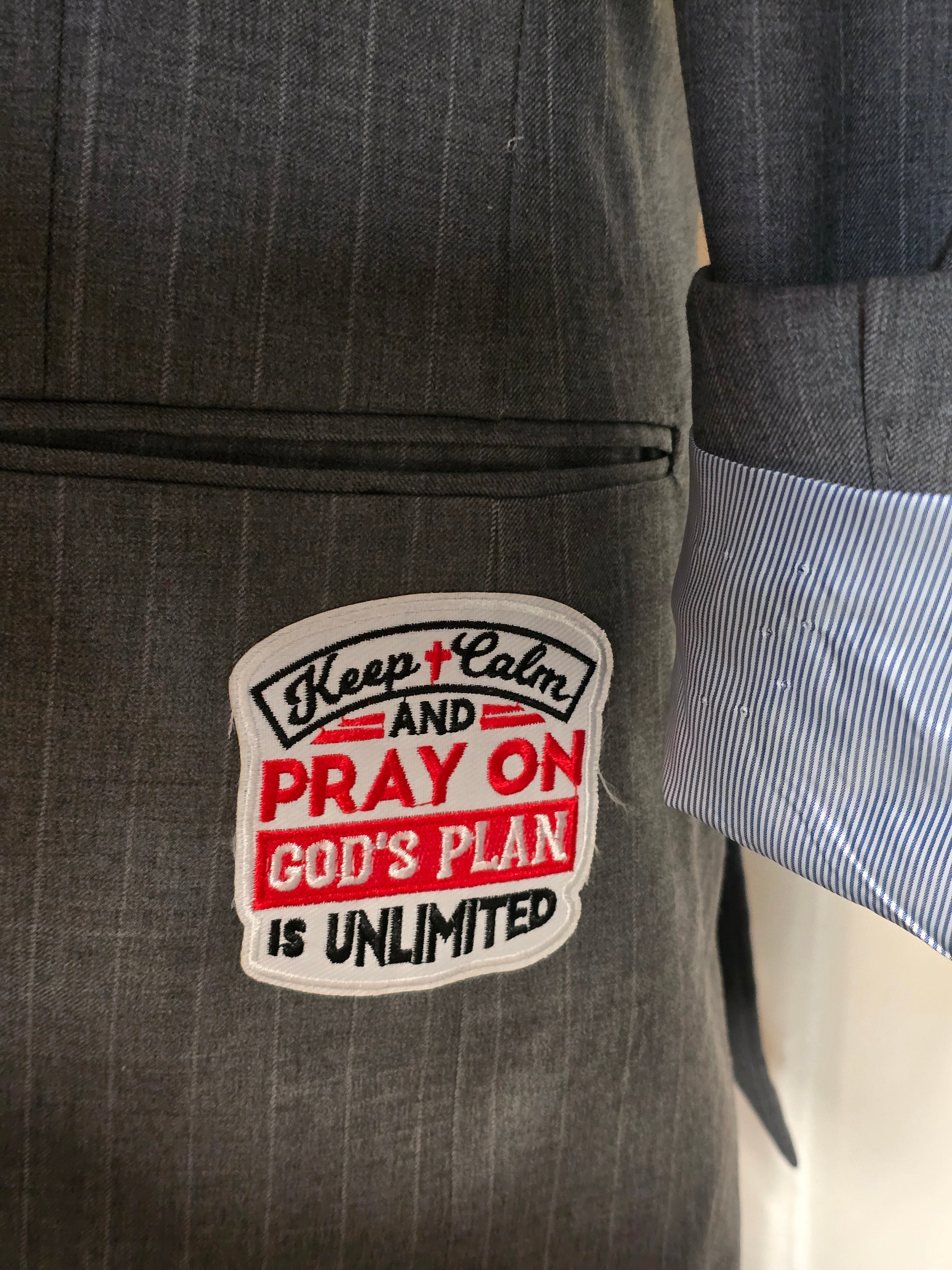 Dapper & Dazzled – Vintage Pinstriped Blazer with Red Faith Patches & Bedazzled Lapel, Size 38 Slim