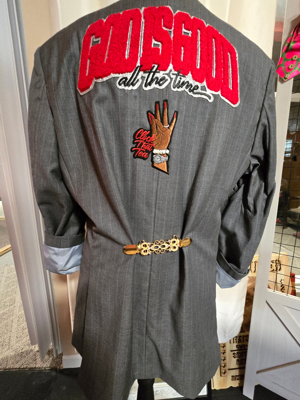 Dapper & Dazzled – Vintage Pinstriped Blazer with Red Faith Patches & Bedazzled Lapel, Size 38 Slim