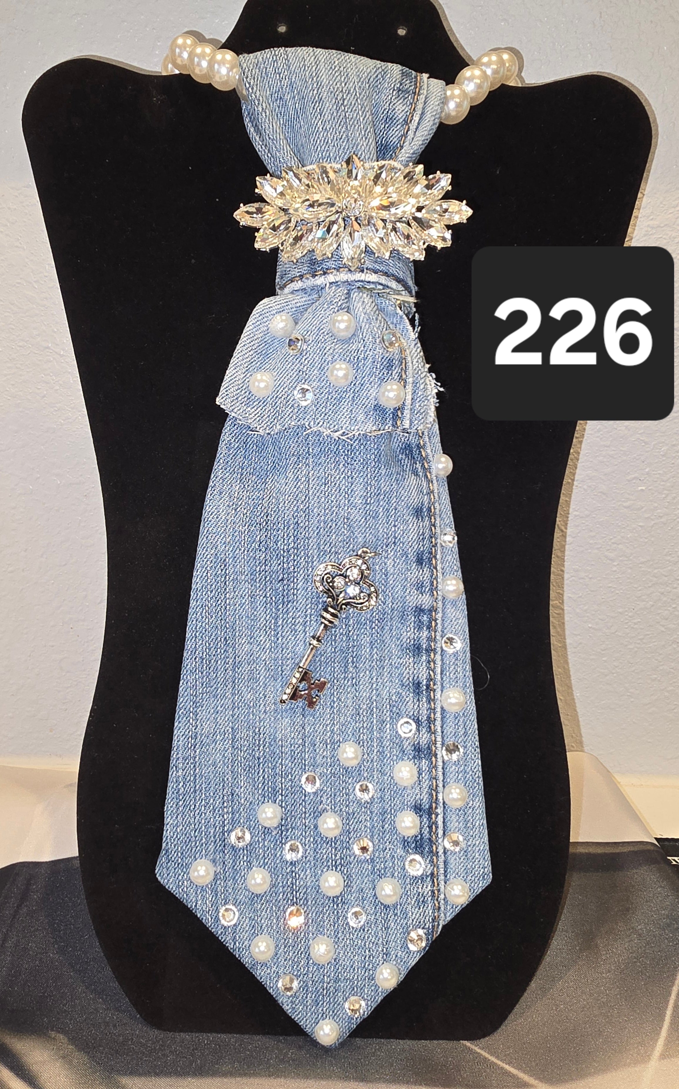 Denim & Diamonds — Pearl, Rhinestone & Crystal Brooch Necktie